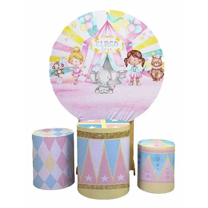 Aperturee Girls And Animals Round Pink Circo Birthday Backdrop Kit | Round Backdrop Stand Covers | Round Party Backdrop | Cir...