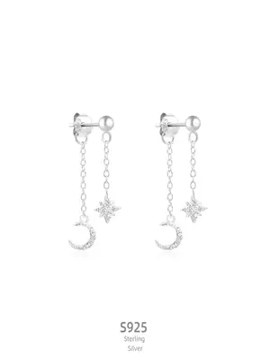 925 Sterling Silver Moon & Star Design Tassel Earrings, Rhinestone Decorated Drop Earrings, Fashion Jewelry Accessories for W...