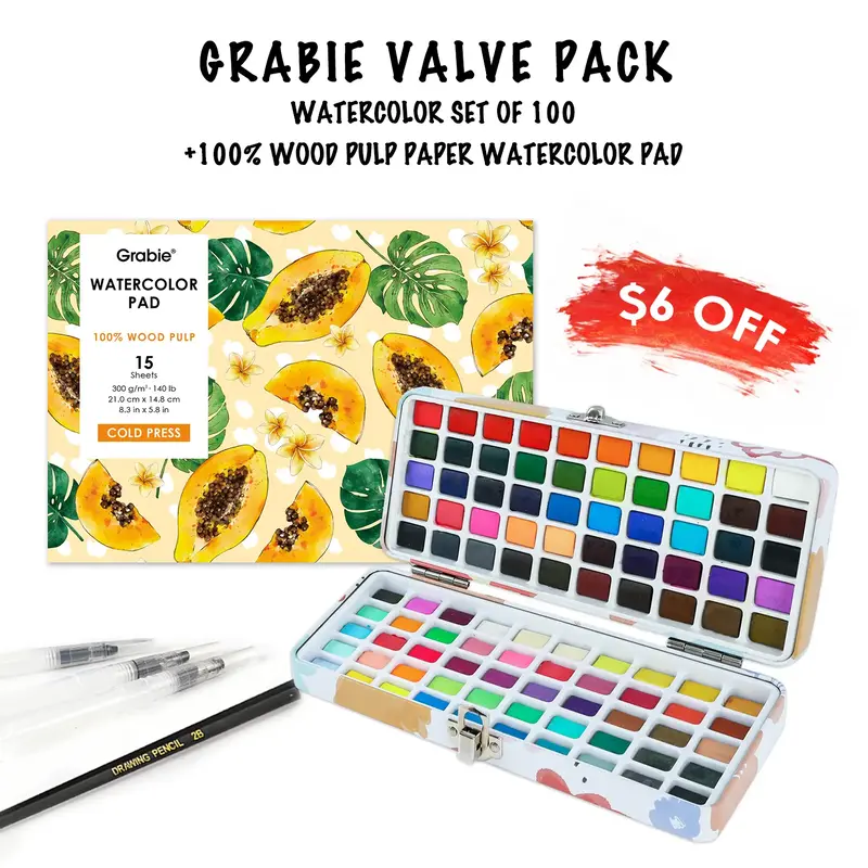 Grabie Value Pack - Watercolor Set of 100 + 100% Wood Pulp Watercolor Pad