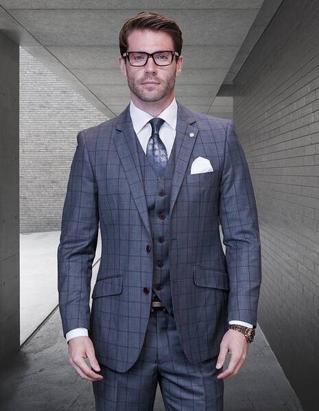 Check    Statement Men's 100% Wool Cashmere Suit - Bold Windowpane Check, 3-Piece