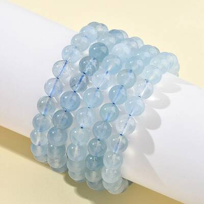 Natural Aquamarine Round Bead Stretch Bracelets for Men Women