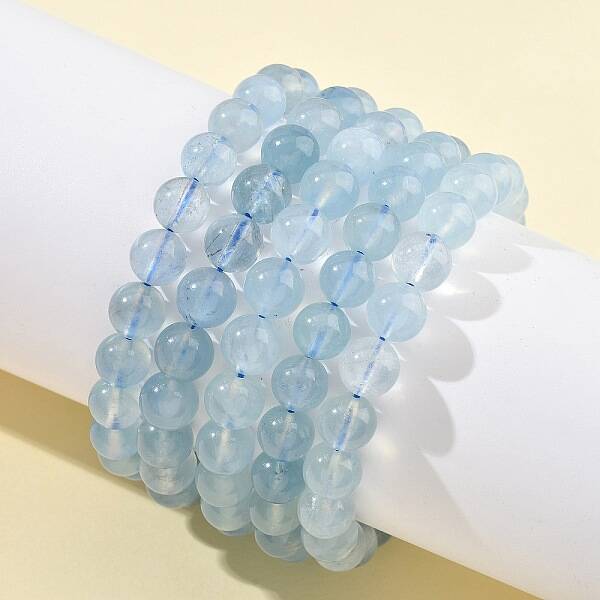 Natural Aquamarine Round Bead Stretch Bracelets for Men Women