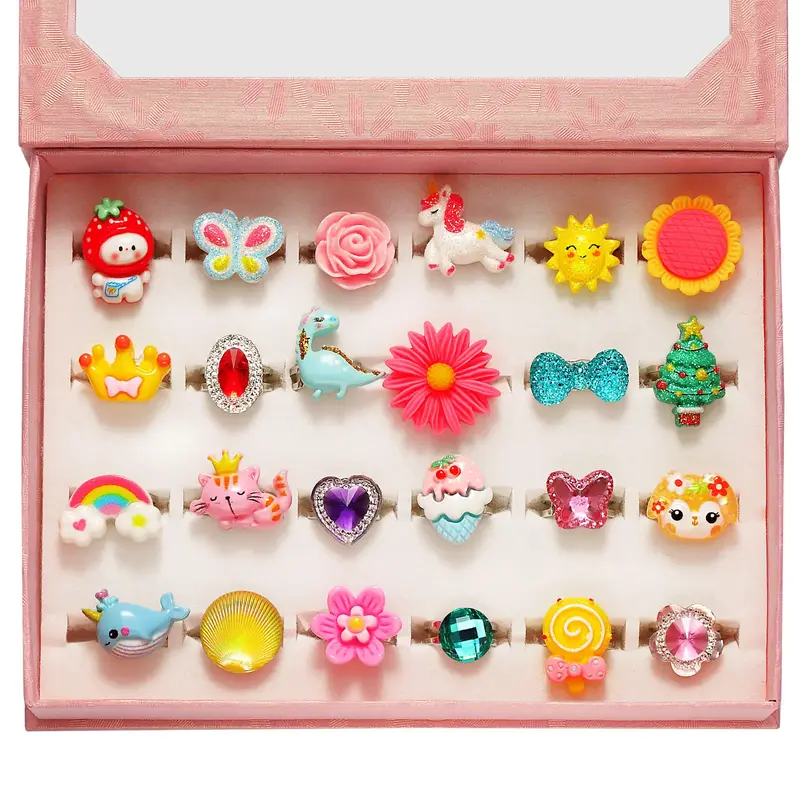 Kids Gifts Nicmore Adjustable Ring 24P Pink Sheet Cute Rings for Girls - Pink Theme, Nickel Free, Safe Materials, Suitable fo...