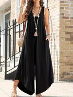 Women's Plain Pocket V Neck Wide Leg Jumpsuit, Casual Sleeveless Jumpsuit for Daily Wear, Ladies Clothes for All Seasons