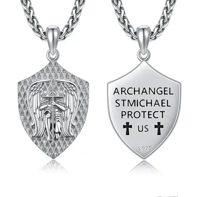 Sterling Silver Saint Michael Pendant Necklace with Engraved Word for Men