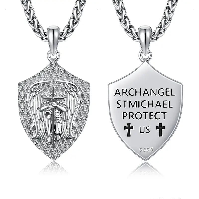 Sterling Silver Saint Michael Pendant Necklace with Engraved Word for Men
