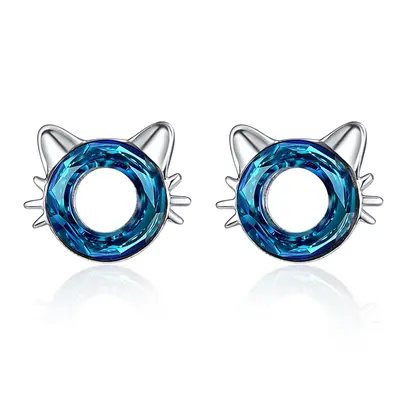Sterling Silver Blue Crystal Cat Stud Earrings