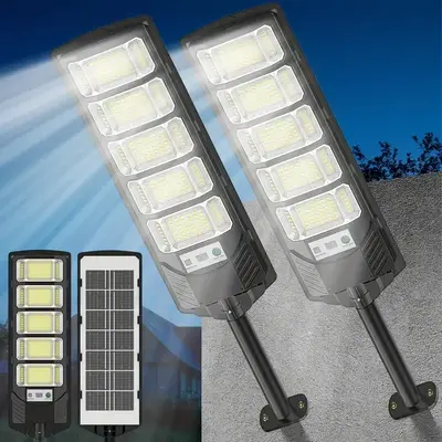 2 Pack Solar Powered Dusk To Dawn Street Light - Wide Angle 6500K Security Light With Motion Sensor Remote Control And Semi-F...