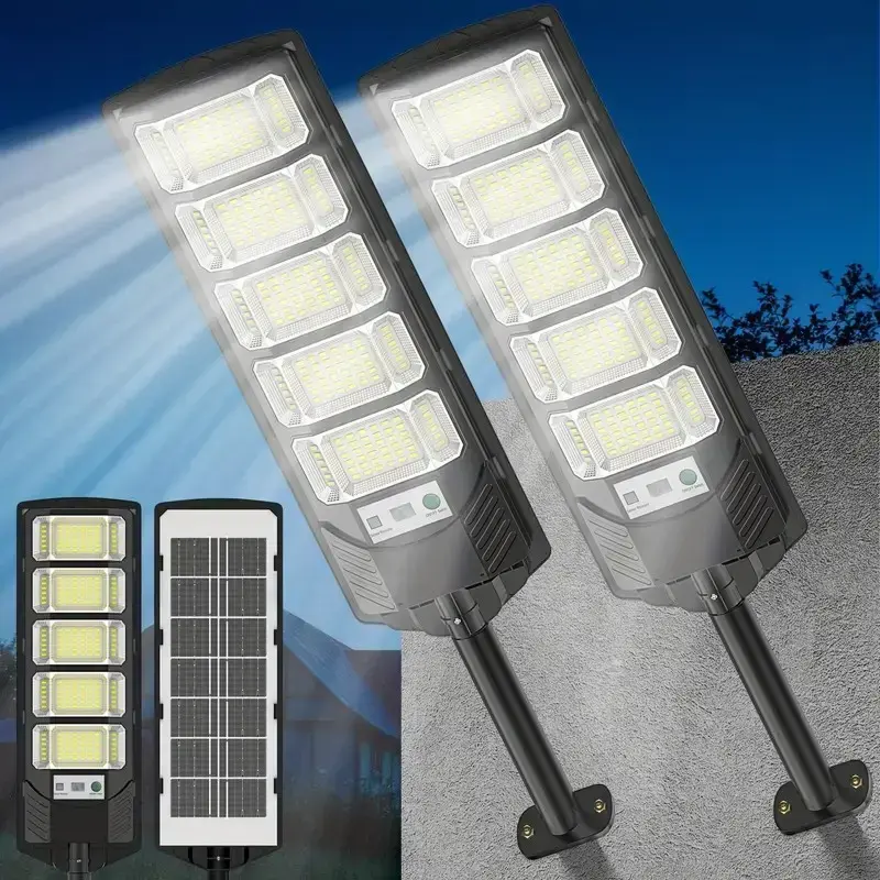 2 Pack Solar Powered Dusk To Dawn Street Light - Wide Angle 6500K Security Light With Motion Sensor Remote Control And Semi-F...