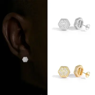 GAB 3A+CZ Hexagonal Cross stud Earrings, High Quality Decorated Hip-Hop Earrings For Men and Women Jewelry Decoration