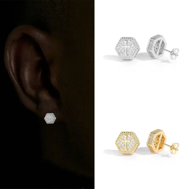 GAB 3A+CZ Hexagonal Cross stud Earrings,  High Quality  Decorated Hip-Hop Earrings For Men and Women Jewelry Decoration