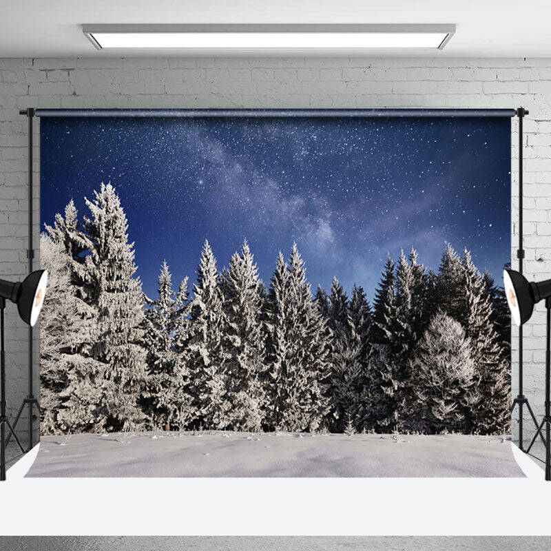Aperturee Starry Sky Snowy Pine Forest Dawn Winter Backdrop
