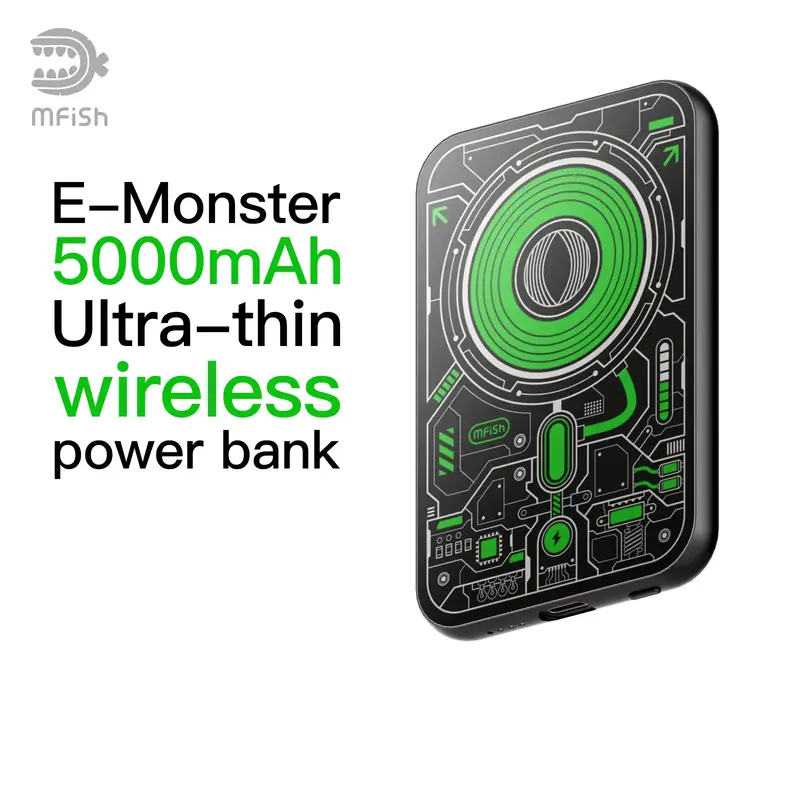 mfish E-Monster 5000mAh Ultra-thin Wireless Power Bank,Portable Fast QI2 Charging,MagSafe Compatible for iPhone 15/16/14/13 C...