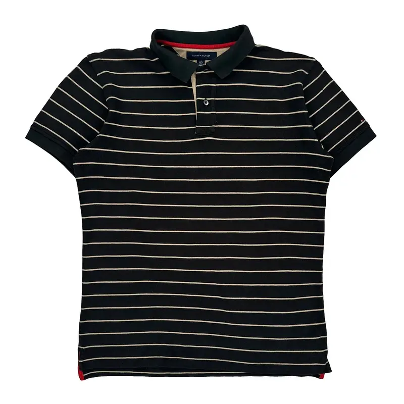 Tommy Hilfiger Striped Polo Shirt - Large Black Cotton