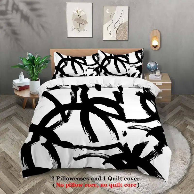 Abstract Brush Stroke Pattern Bedding Set, 1 Set Including 1 Count Duvet Cover & 2 Counts Pillowcase without Filler, Soft Com...