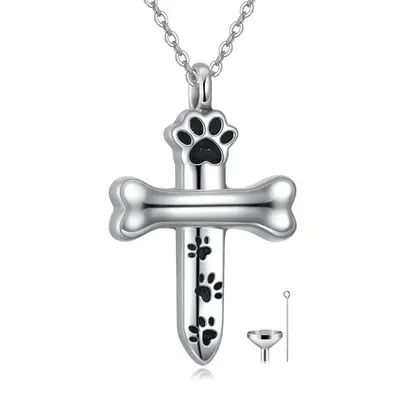 Sterling Silver Paw & Cross Urn Necklace for Ashes with Engraved Word
