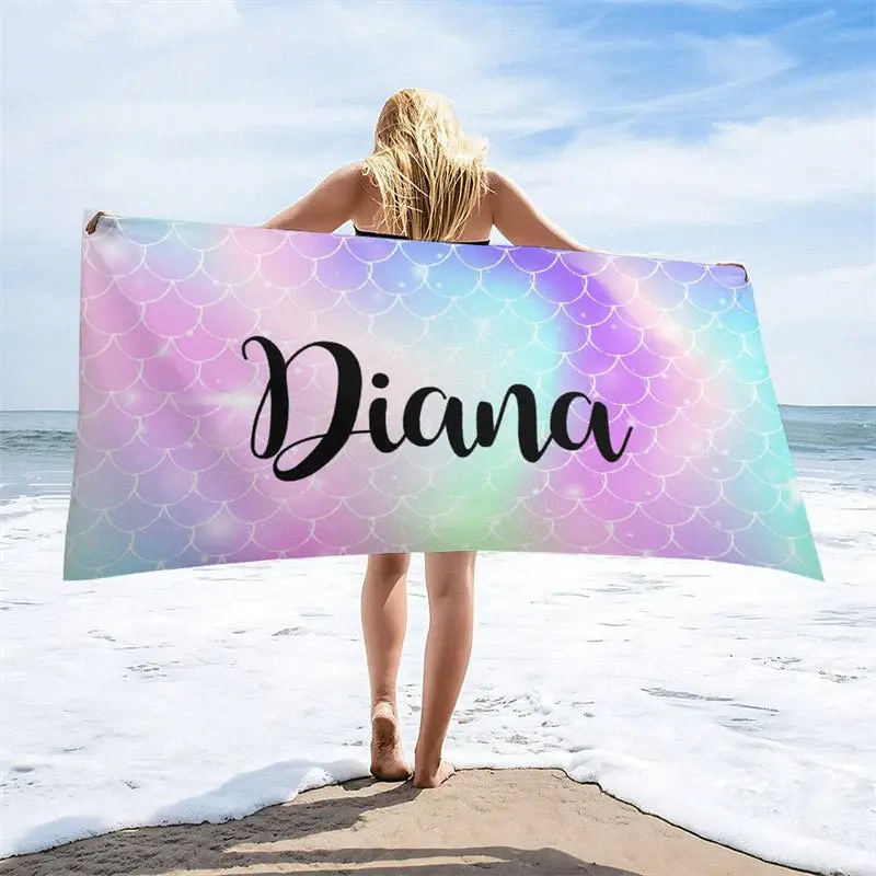 Mermaid Glitter Custom Name Girl Summer Beach Towel - Aperturee