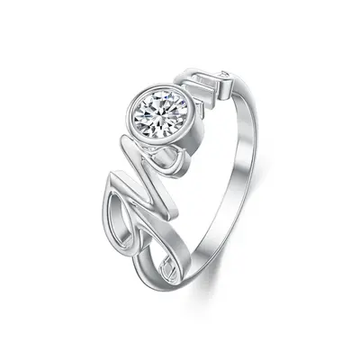 14K White Gold Round Shaped Moissanite Mother Wedding Ring