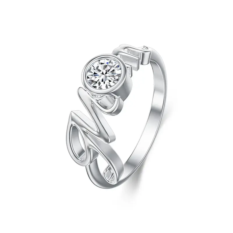 14K White Gold Round Shaped Moissanite Mother Wedding Ring