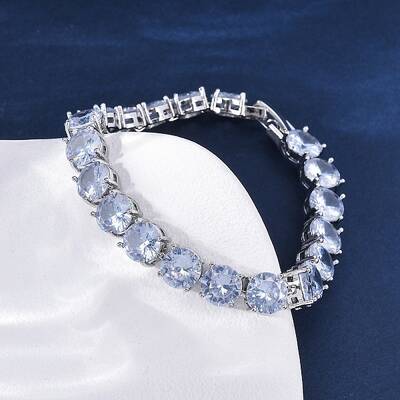 Brass Pave Clear Cubic Zirconia Flat Round Link Chain Bracelets for Women