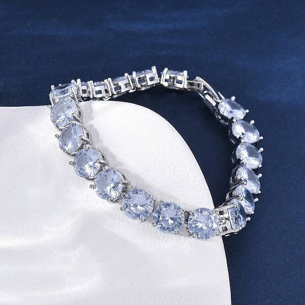 Brass Pave Clear Cubic Zirconia Flat Round Link Chain Bracelets for Women