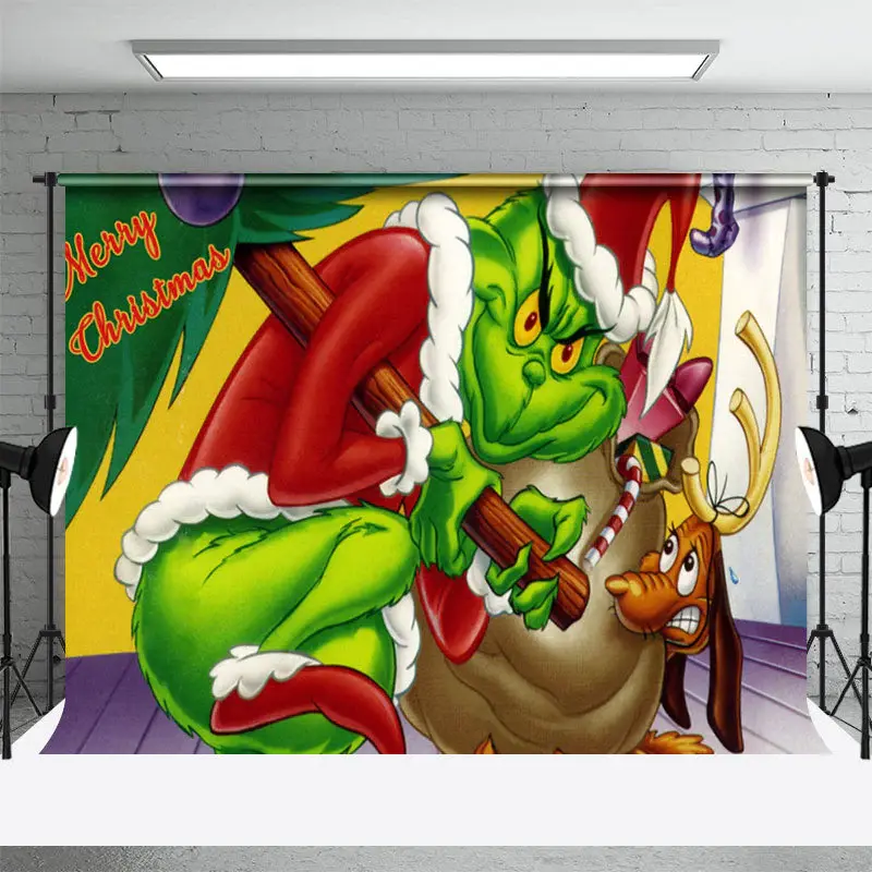 Horrible Green Monster Santa Elk Christmas Backdrop - Aperturee