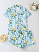 Women's Lemon Print Short Sleeve Pajama Set, Elegant Button Front Chest Pocket Design Lapel Neck Top & Elastic Waist Shorts P...