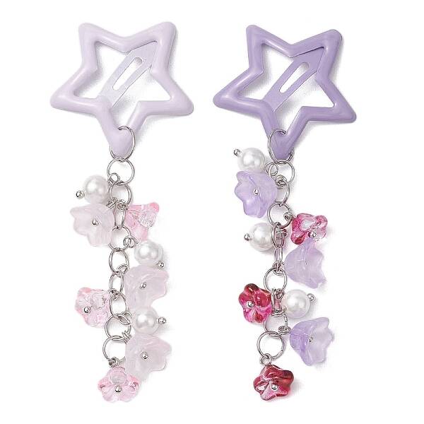 2Pcs Glass Beads and Alloy Star Snap Hair Clips