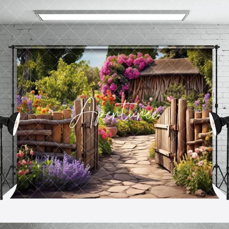 Spring Greenery Garden Wooden Door Photo Backdrop - Aperturee