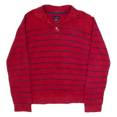 NAUTICA Boys Patterned Jumper Red Striped 1/4 Zip Tight Knit L