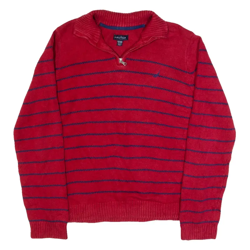 NAUTICA Boys Patterned Jumper Red Striped 1/4 Zip Tight Knit L