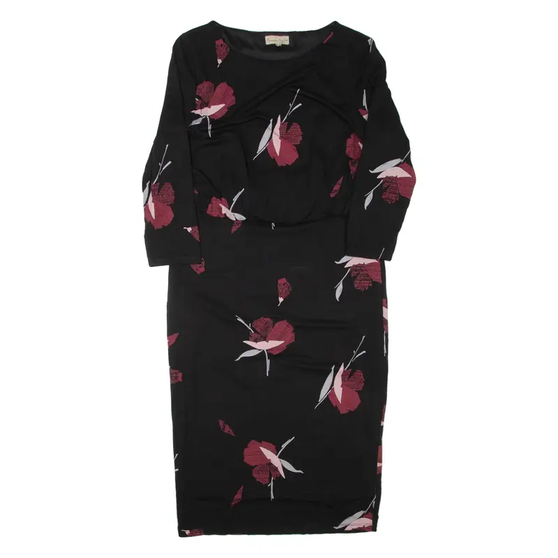PHASE EIGHT Womens Bodycon Dress Black Viscose Floral Long Sleeve Midi UK 12