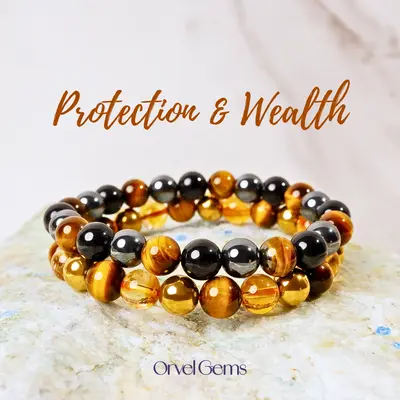 Triple Healing Crystal Bracelet Set – Natural Stone Tiger’s Eye, Citrine,optional size, Hematite & Black Tourmaline | 2...