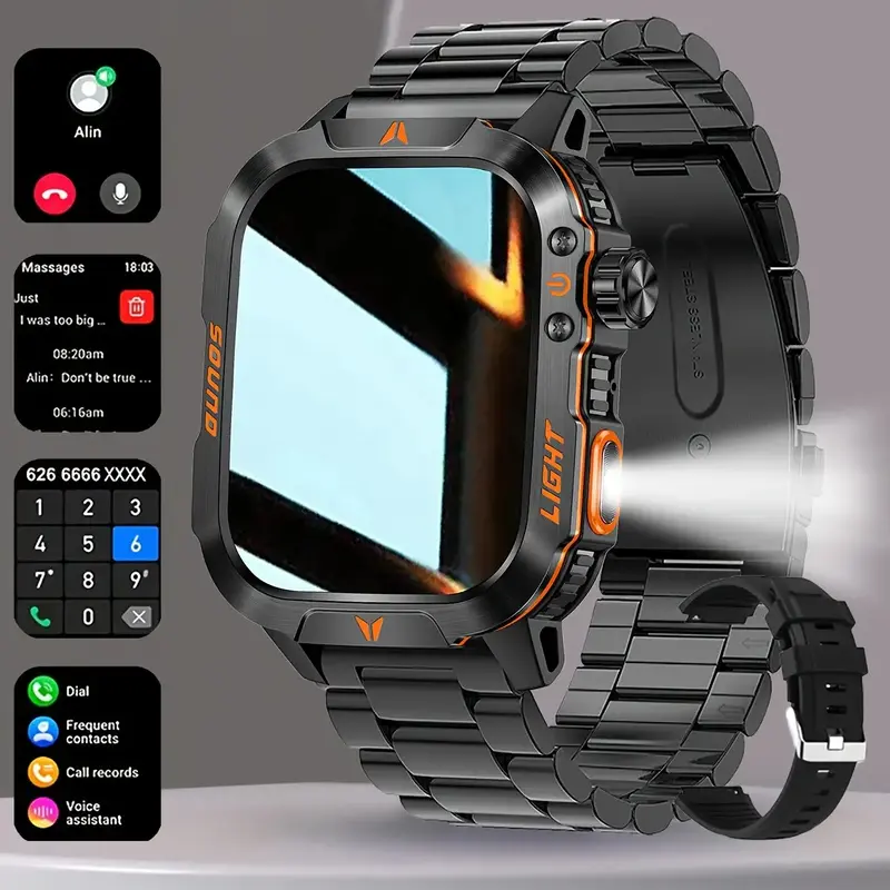 New 2025 manly style Smart Sports Watch With LEDLights Wireless Calling, Message Reminders,Sports Mode, Voice Assistant, Weat...