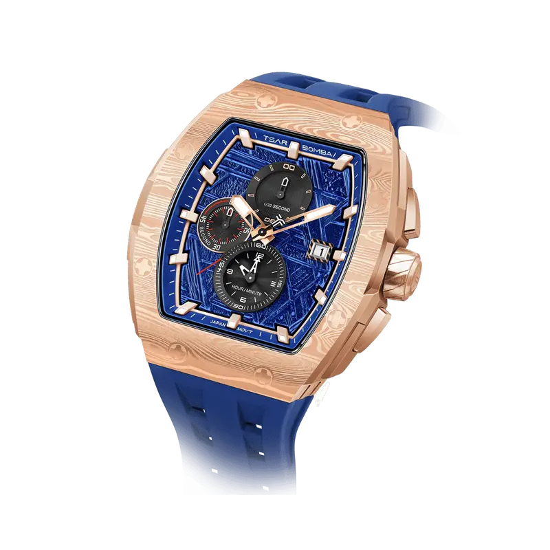 TSAR BOMBA Men's Quartz Chronograph Watch | Golden Blue | Stainless Steel Bezel & Case, Tonneau Luxury Design, 316L Stainless...