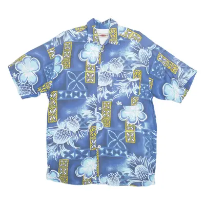 BASIC 3K SYSTEM Pineapple Hawaiian Shirt Blue Viscose Floral Short Sleeve Mens L