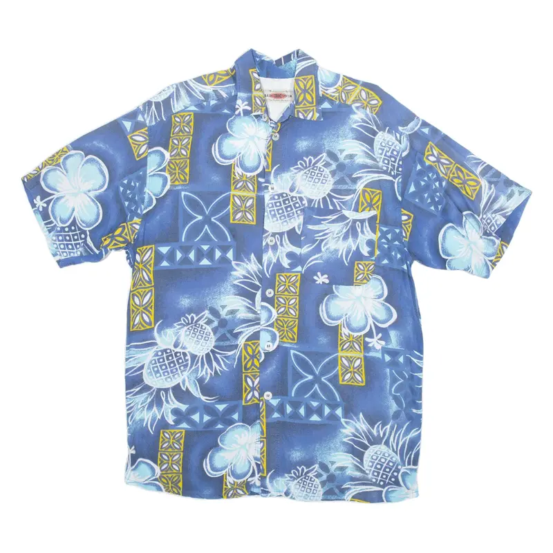 BASIC 3K SYSTEM Pineapple Hawaiian Shirt Blue Viscose Floral Short Sleeve Mens L