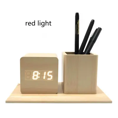 Fashion LED Wood Pen Holder Alarm Clock | Color: Bamboo wood | style: Red word