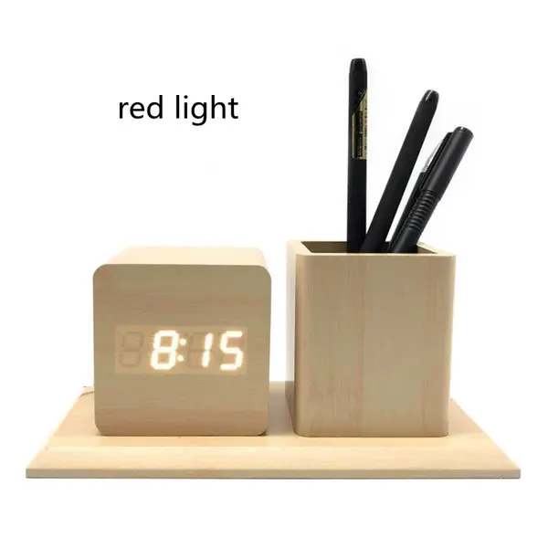Fashion LED Wood Pen Holder Alarm Clock | Color: Bamboo wood | style: Red word