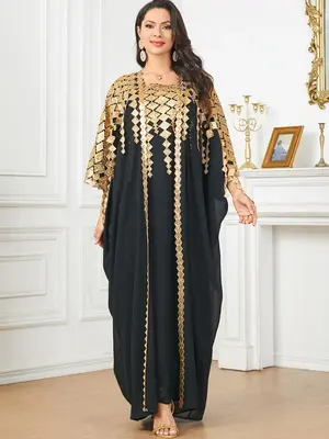 Arabic Clothing-Geometric Embroidery Contrast Sequin Islamic Set, Elegant Batwing Sleeve Abaya & Square Neck Dress Set, Wom...