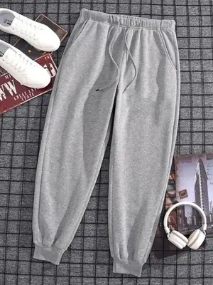 Men's Solid Pocket Drawstring Waist Sweatpants, Regular Fit Casual Comfy Jogger Pants for Daily Outdoor Sport, Knitting Botto...