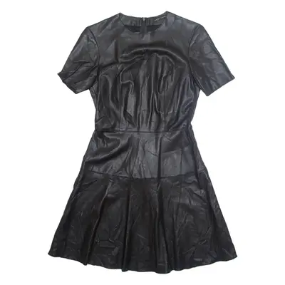 ZARA Womens Fit & Flare Dress Black Faux Leather Short Sleeve Knee Length S