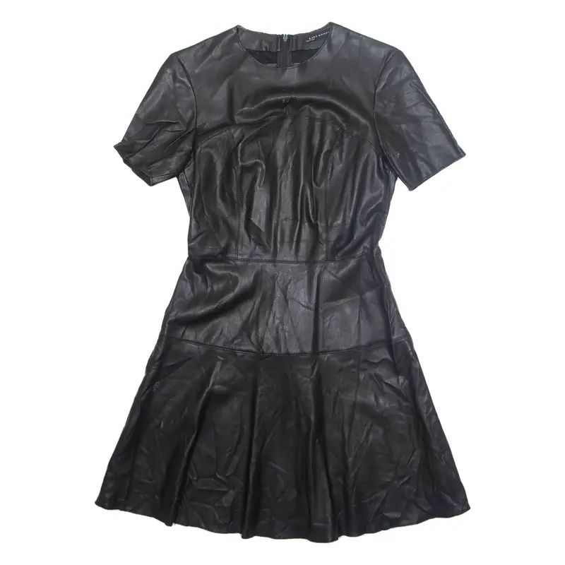 ZARA Womens Fit & Flare Dress Black Faux Leather Short Sleeve Knee Length S