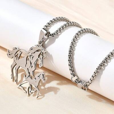 304 Stainless Steel Laser Cut Double Horse Pendant Box Chain Necklaces for Women Men