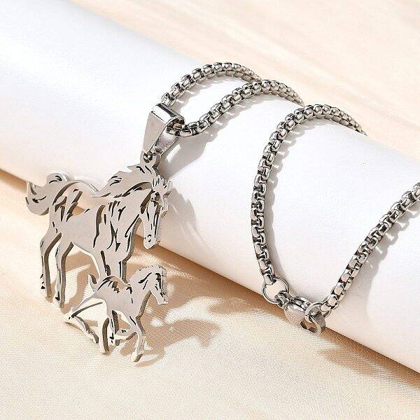 304 Stainless Steel Laser Cut Double Horse Pendant Box Chain Necklaces for Women Men