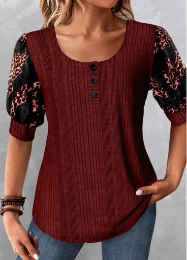 Modlily Wine Red Patchwork Leopard Half Sleeve Blouse - M