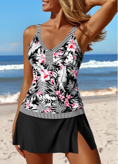 Modlily Patchwork Mid Waisted Tropical Plants Print Tankini Set - L