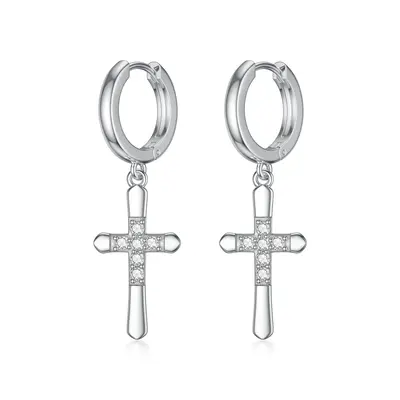 Sterling Silver Circular Shaped Lab Created Diamond Cross Drop Earrings