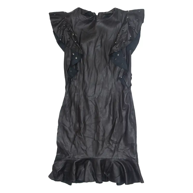 ZARA Womens Day Dress Black Faux Leather Short Sleeve Knee Length XS
