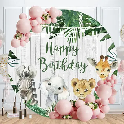 Aperturee Jungle Little Animals Round Happy Birthday Backdrop